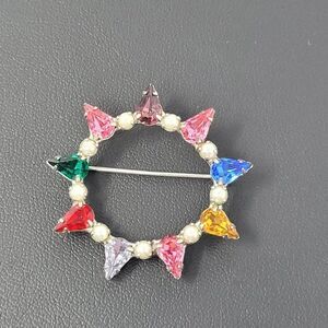Vintage 60s B David Signed Star Brooch Pin Rainbow Rhinestones Faux Pearl Wreath